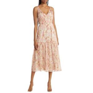 Floret Stuidios Dress Womens XS Smocked Waist Corset Detail Tiered‎ Taupe Mauv